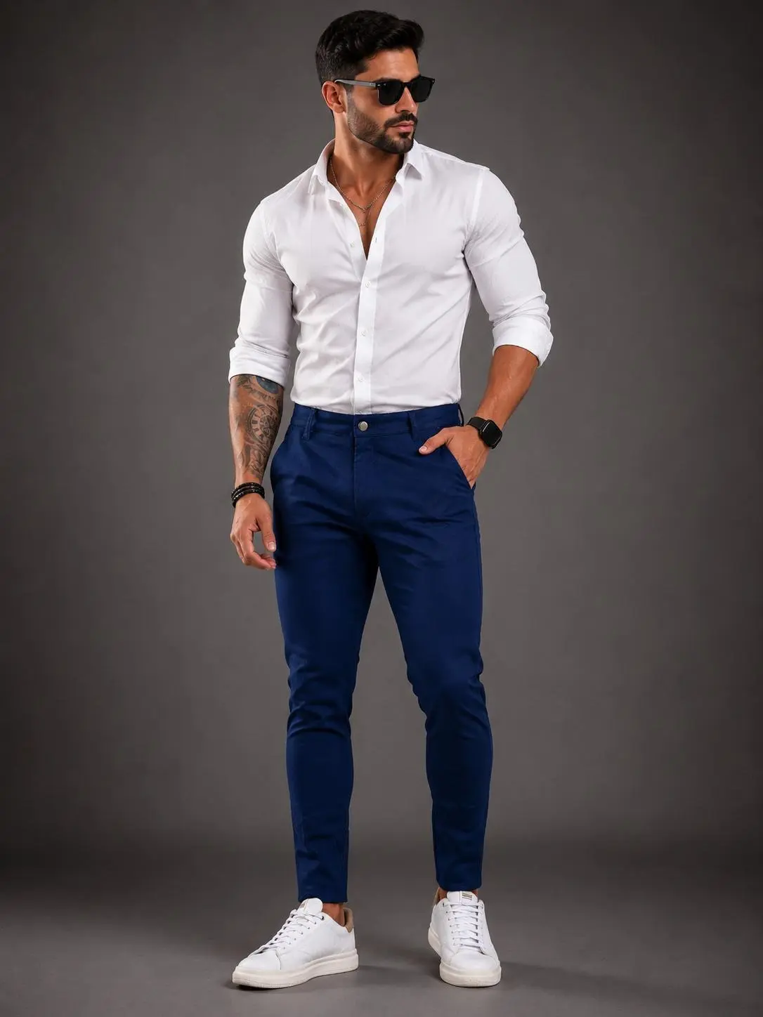 Look camisa branca com calça azul-marinho Legado do Homem