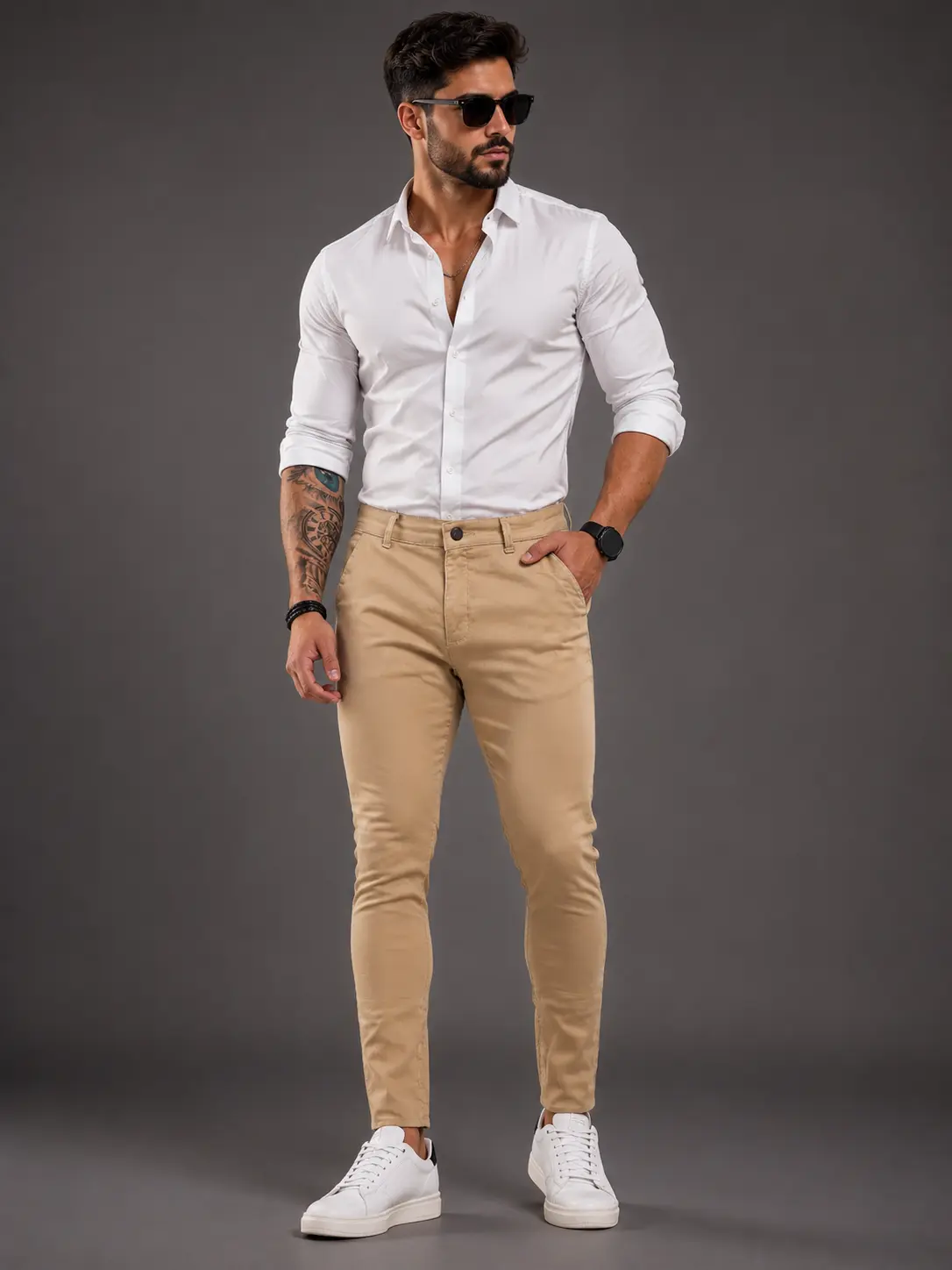 Look camisa branca com calça bege